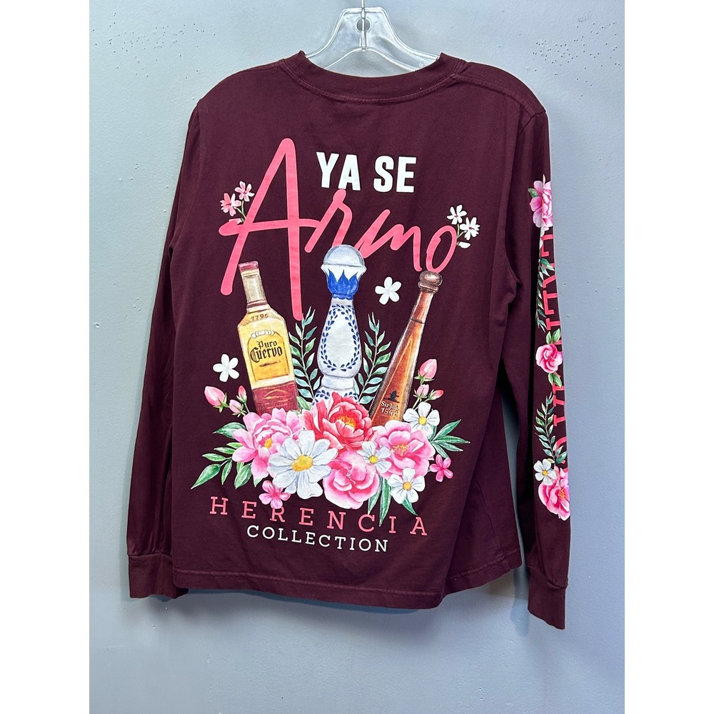 Herencia Collection Long Sleeve Women Medium Maroon Ya Se Armo Tequila Graphic